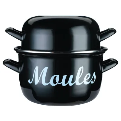 Produktbild von KitchenCraft World of Flavours Mediterraner Muscheltopf, Emaille Kochtopf,“Moules“ Aufschrift, Schwarz,  Groß, 25 cm