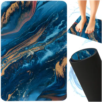 Produktbild von Ruhhy Badematte Marmor - blau - rutschfest - 80 x 50 cm - Badezimmer - Duschvorleger - saugfahig