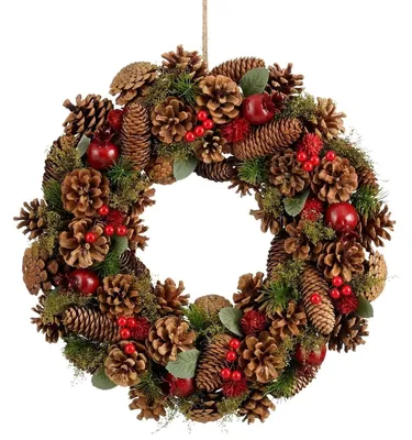 Zdjęcie produktu dla Wieniec świąteczny Mica Decorations Landon, wysokość 9 cm, średnica 45 cm – wieniec z gałązek i szyszek – dekoracja na drzwi i stół – wielofunkcyjna dekoracja świąteczna – kolor brązowy/czerwony