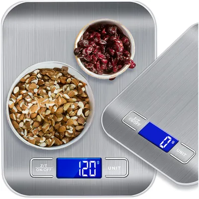 Produktbild von KRUMAD Digitale Küchenwaage 1 g–5 kg – Präzise Grammwaage mit Edelstahloberfläche & LCD Display – Kompakte Lebensmittelwaage für Küche, Backen, Kaffe