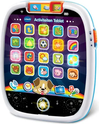 A VTech baby activity tablet with colorful icons and a cartoon dog character.
