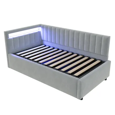 Produktbild von Merax Tagesbett Schlafsofa 90x200 cm mit LED-Kopfteil und hydraulischem Stauraum, Polsterbett mit vertikalem Streifendesign und Samtbezug, Hellgrau