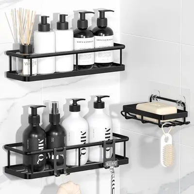 Produktbild von PolkaHome® Duschregal ohne Bohren mit Seifenablage, 3er Set, rostfreies Metall, schnelltrocknend, schwarz