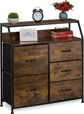 Immagine prodotto di Comodino Relaxdays, 5 cassetti, 2 ripiani, libri e decorazioni, comodino con scaffali in stile industriale, A x L x P: 87 x 84 x 32 cm, marrone/nero