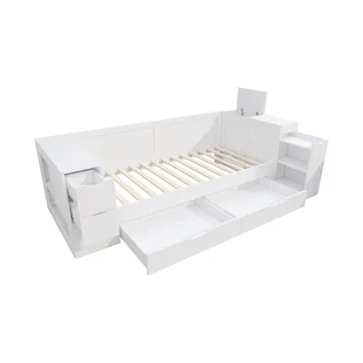 Produktbild von Flieks Jugendbett 90x200cm mit Schubladen, Schlafsofa Holzbett mit Arm- und Rückenlehne, Tagesbett mit ausziehbarem Nachttisch, Kinderbett Weiß