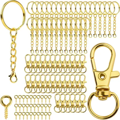 Produktbild von Schlüsselanhänger-Set, 150-teilig, goldfarben, inklusive 30 Karabinerhaken, 30 Ketten und 30 Sprengringe, ideal für DIY-Projekte