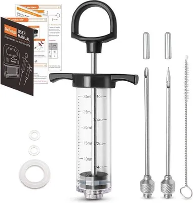Produktbild von Unyqoos® Fleischinjektor 30 ml – unbrechbare Marinadenspritze mit 2 Edelstahlnadeln (7,6 cm), lebensmittelechter Kunststoff, ergonomischer Griff für BBQ/Smoker