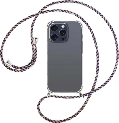Produktbild von Handykette Backcover-Schutzhülle mit Band (Metall silberfarben) für iPhone 16 Pro - blau+beige