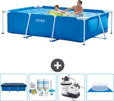 Produktbild von Intex-Schwimmbecken mit rechteckigem Rahmen – 260 x 160 x 65 cm – Blau – im Lieferumfang enthalten Abdeckung - Wartungspaket - Filterpumpe für Schwimmbad - Bodenplane