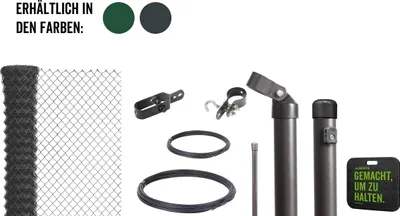 Produktbild von Alberts 697105 Maschendrahtzaun als Zaun-Komplettset, zum Einbetonieren mit Kniekissen, grün, Höhe 175 cm, Länge 15 m