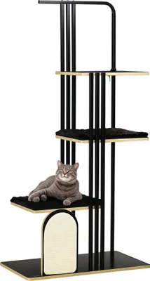 Produktbild von Kratzbaum, Industrial Design, 3 Plattformen, 2 Liegekissen, Kratzwand, Stahlrahmen, schwarz, 85 x 48 x 170 cm