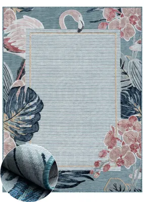 Obrázek produktu pro Venkovní koberec MY-RUG "Kairos" 160x100 cm, modrý, s květinovým vzorem s plameňákem, na balkon a zahradu