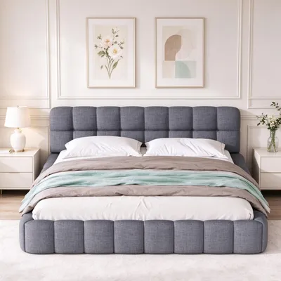 Imagen del producto de INONEFT, Cama con estructura de burbujas, 140x190 cm, cama tapizada, cama doble con cabecero acolchado, estructura de cama juvenil con somier, cama baja, cama de invitados, color gris