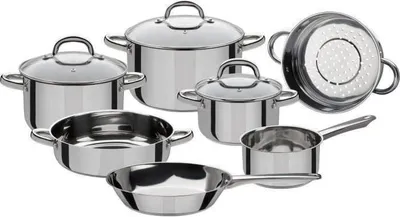 Obrázek produktu pro Sada hrnců 10 dílů, GSW MONTREAL, nerezová ocel 18/10, vhodná pro indukční vaření, hrnce 16, 20 a 24 cm, kapslovité dno