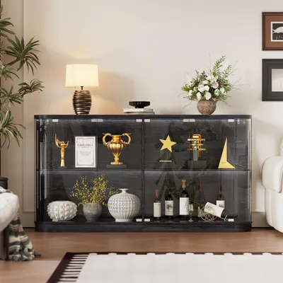 Produktbild von Große runde Vitrine Standvitrine Sideboard mit dreifarbiger Beleuchtung & Bewegungssensoren, 160*85cm, Glastüren, Acryl-Seitenwänden und Regalböden