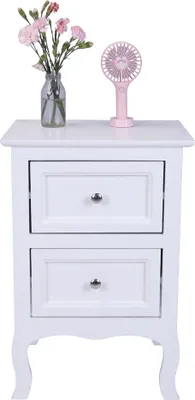 A white nightstand with two drawers, topped with a vase of pink flowers and a small pink fan.