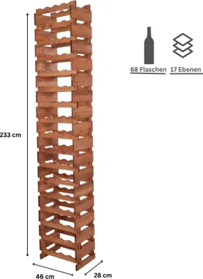Produktbild von Weinregal VINOTECA FLEX PRO | HxBxT 233x46x28cm | 68 Flaschen auf 17 Ebenen | Massives Kiefernholz | Braun geölt