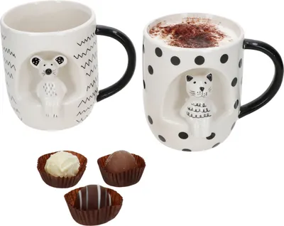 Produktbild von 2er Set Katz & Maus Jumbotasse 400ml 3D-Motiv Keramik XL-Becher Kakao Kaffee