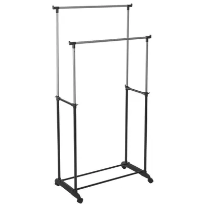 A double garment rack with wheels on a white background.