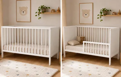 Image de Lit bébé modulable, lit de couvée, lit pour enfant | Structure modulable avec barreaux, sommier à lattes réglable en hauteur (3 positions) et barreaux amovibles | Lit pour bébé en bois, idéal pour la chambre d'enfant | 120x60 cm | Blanc