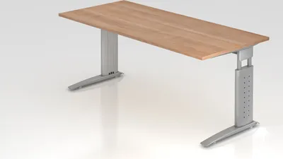 Produktbild von Schreibtisch Mauri | Nussbaum | Silber Gestell | BxT 180x80cm | Arbeitshöhe 68-86cm | höhenjustierbar, 2cm Raster | C-Fuß-Gestell | Rechteckform