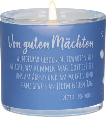 Produktbild von Windlicht LichtMoment Von guten Mächten mundgeblasen mit Bonhoeffer Spruch Ø 6,5 x 6 cm