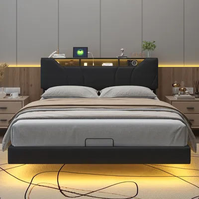 Obrázek produktu pro CDGlobal čalouněná postel 140x200cm úložný prostor s LED/USB, dvoulůžková postel box spring s roštovým rámem a úložným prostorem, funkční postel pro mládež, PU, černá barva