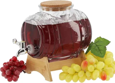 Produktbild von 3L Glasfass mit Holzständer – Getränkespender mit Zapfhahn für Whisky, Schnaps, Wein und andere Getränke – Karaffe mit Holzuntersatz, Alkoholspender