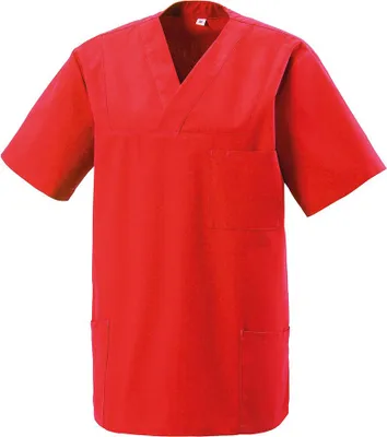 A red medical scrub top is shown against a white background.