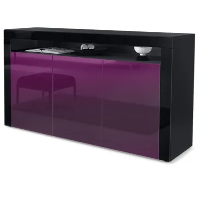 Produktbild von Vladon Sideboard Valencia,  Germany, Kommode mit 3 Türen und 1 offenem Fach, Schwarz matt/Brombeer Hochglanz/Schwarz Hochglanz (155 x 92 x 40 cm)