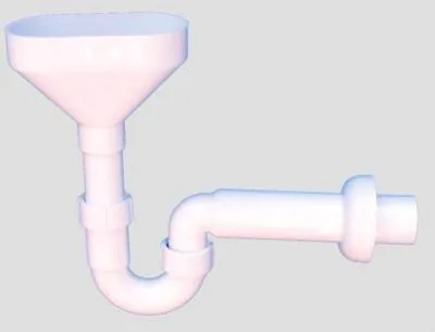 A white plastic plumbing trap with a funnel attached, shown against a plain light gray background.