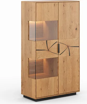 Produktbild von Wohnzimmer Highboard mit 83 cm Breite aus Eiche massiv geölt, stehend oder hängend montierbar, mit Hirnholz-Front und LED-Beleuchtung - TIVAT-163