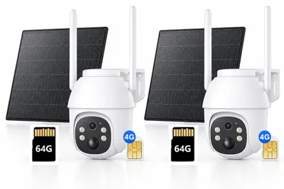 Zdjęcie produktu dla Kamera monitoringu zasilana energią słoneczną, 5MP, 4G LTE, funkcja obrotu i nachylenia, bezprzewodowa, z gniazdem na kartę SIM, slot na kartę SD 64GB, zestaw 2 sztuki