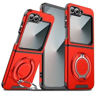 Produktbild von Handyhülle für Samsung Galaxy Z Flip6 / Z Flip7 SE Dual-Layer Stoßfest Militär Hülle mit  Magnetisch Ring Ständer Rot