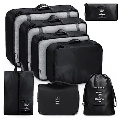 Produktbild von Famanu Packing Cubes Set 8-teilig - Kofferorganizer mit 6 Taschen und Schuhbeutel - Schwarz