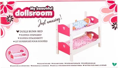 Produktbild von My Beautiful dollsroom Etagenbett für Puppen, Hochbett in Weiß Pink, Puppenmöbelstück, Spielset mit 2 Matratzen, 2 Kissen, 2 Decken, ca. 54x29x43 cm