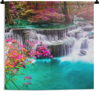 Produktbild von MuchoWow® Wandteppich Wandbehang Wasserfall - Sonne - Bäume - Regenbogen - Natur 90x90 cm Tapisserie Dekoration Wandtuch - Wandaufhänger