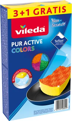 The image shows the packaging of Vileda Pur Active Colors sponges.