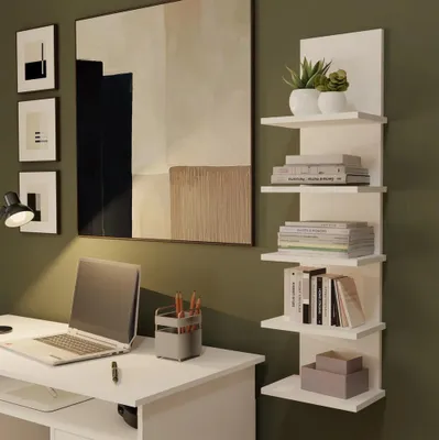 Produktbild von Hängendes Bücherregal R5P mit 5 Ablagen für Bücher, geeignet für Büro, Wohnzimmer, Kinderzimmer, WEISS