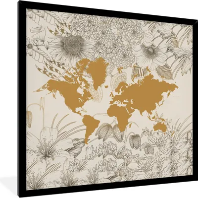 Produktbild von MuchoWow® MuchoWow® Gerahmtes Poster Weltkarte - Blume - Gold 40x40 cm - Poster mit zchwarzem Bilderrahmen - Mit Rahmen - Wanddekoration Schlafzimmer