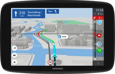 A TomTom navigation device displaying a map and route.