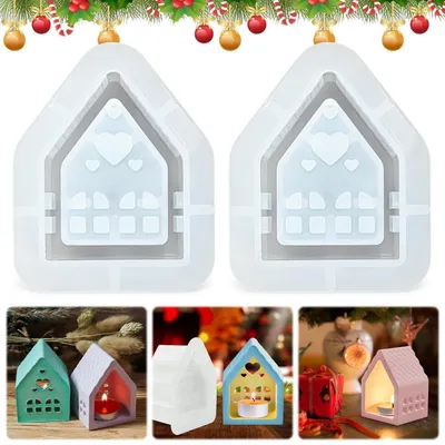 Productafbeelding van 2 siliconen mallen, gietvormen, huisjes, kaarshouders, knutselprojecten, kerst