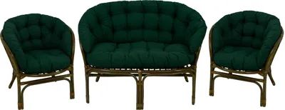 A set of rattan furniture with green cushions, including two chairs and a loveseat, displayed against a white background.
