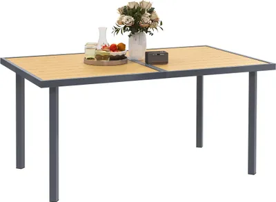 Image de Outsunny Table š€ manger de jardin pour 6 personnes, table de jardin avec plateau effet bois rectangulaire en acier anti-rouille pour patio, terrasse, 150 x 90 x 72 cm, bois naturel