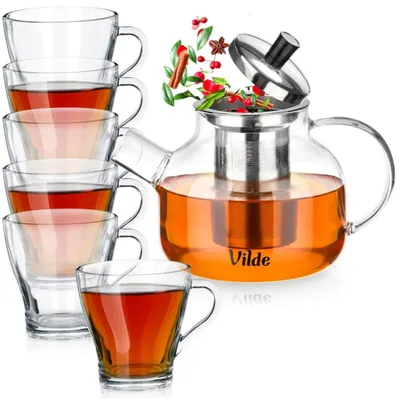 Produktbild von Vilde | Kanne mit Teesieb - Glas - 850 ml - mit Gläsern mit Henkel 250 ml - 6 Stück