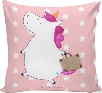Produktbild von Mr. & Mrs. Panda Couchkissen Einhorn Koffer - Rot Pastell - Geschenk, zierkissen 40x40, Lustig, kissen für sofa, Deko, Abenteuer, Einhörner, Unicorn, Sofakissen, Spaß