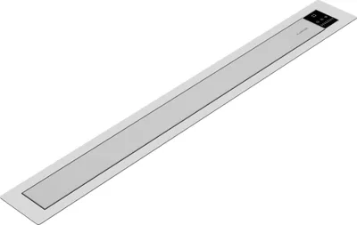 A long, thin, silver and gray kitchen appliance with a black control panel at one end, shown from a diagonal angle against a white background.