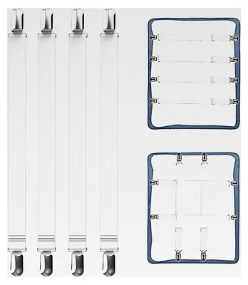 Produktbild von Verstellbare Bettlakenspanner 4 Stück 55-250 cm, Elastische Betttuchspanner in Weiß mit Metallclips für Bettlaken, Matratzen, Bügelbretter oder Sofas