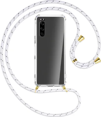 Produktbild von Handykette Backcover-Schutzhülle mit Band (Metall goldfarben) für Sony Xperia 5 - weiß/grau
