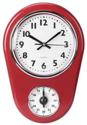 Vintage Wanduhr mit Timer, Retro Küchenuhr, Rot, 21,6 x 31,6 cm